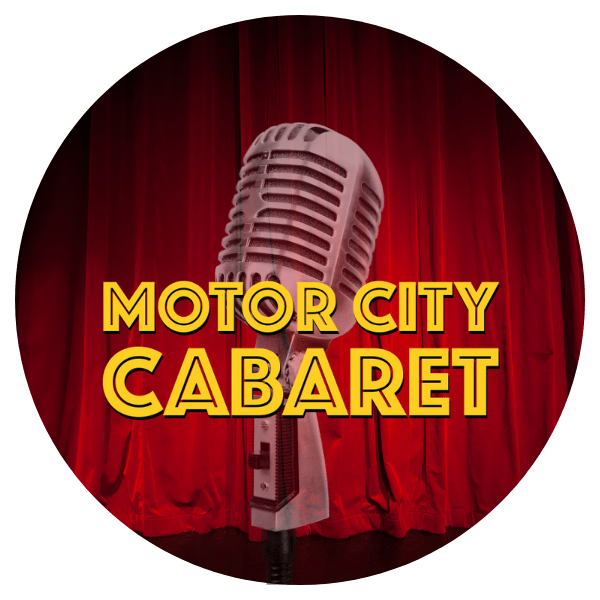 a microphone stands in front of a red stage curtain with the words motor city cabaret on top